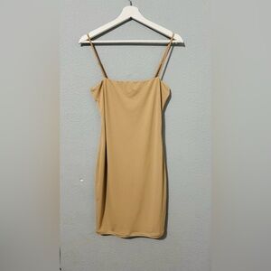 Black Halo Women Tan Spaghetti Straps Lined Clubing Stretchy Mini Dress Sz M‎
